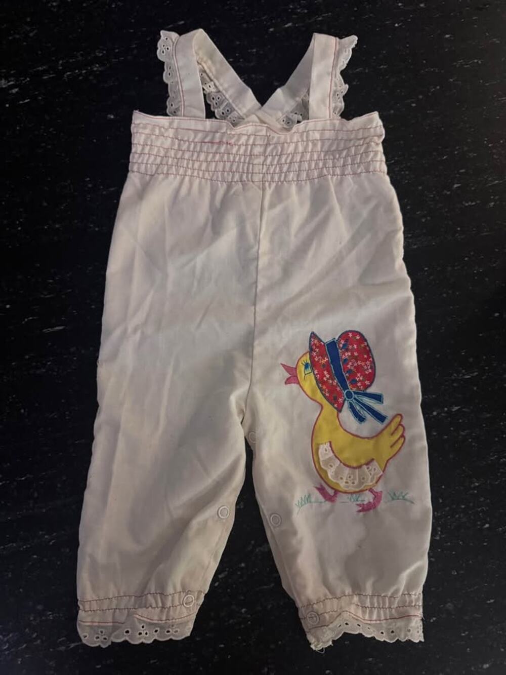 Vintage White Cotton Baby Girl Embroidered Duck Appliqué Romper Lace Details